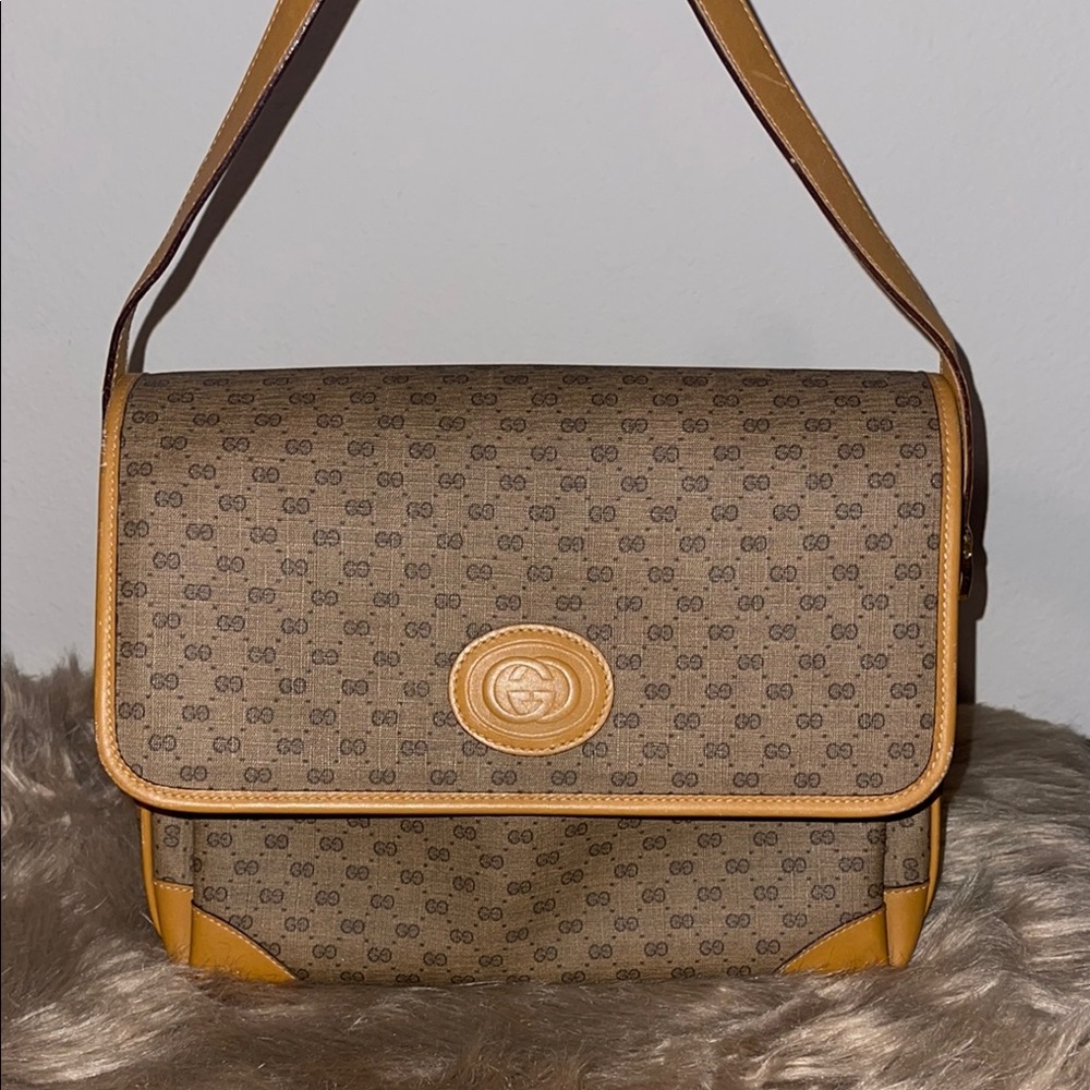 Rare Gucci Brown Monogram Messenger Bag with Tan Trim
